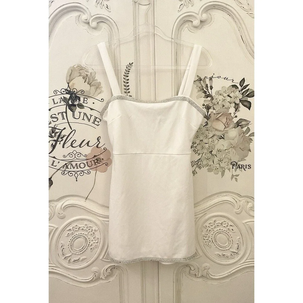 Lulus Glowing Allure Dress White Mini Bodycon Rhinestone Size S - Picture 5 of 12